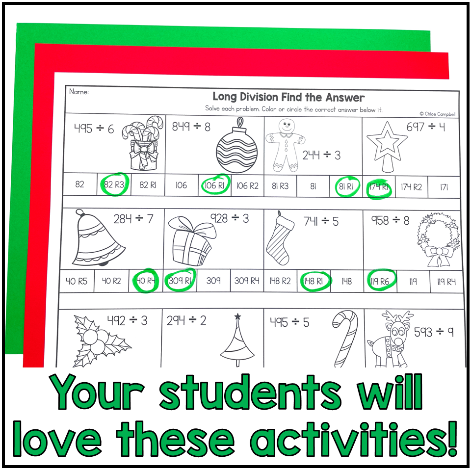 long division with remainders colornumber christmas math